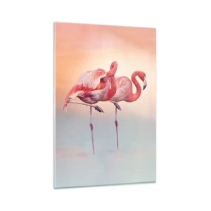 Glasbild - Bild auf glas - Flamingos in zarten Pastellfarben auf Wasserhintergrund - 80x120cm - Die Farbe der untergehenden Sonne - Moderne Wanddekoration für Wohnzimmer und Schlafzimmer ARTTOR