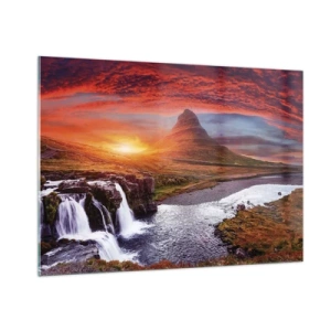 Glasbild - Bild auf glas - Berglandschaft mit Wasserfall und Sonnenuntergang - 100x70cm - Ein Blick auf Mittelerde - Moderne Wanddekoration für Wohnzimmer und Schlafzimmer ARTTOR
