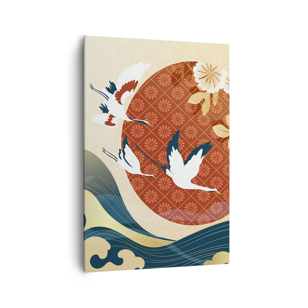 Bild auf Leinwand - Leinwandbild - Japanische Komposition mit Kranichen und Wellen - 70x100cm - Japanisches Märchen - Moderne Wanddekoration für Wohnzimmer und Schlafzimmer ARTTOR