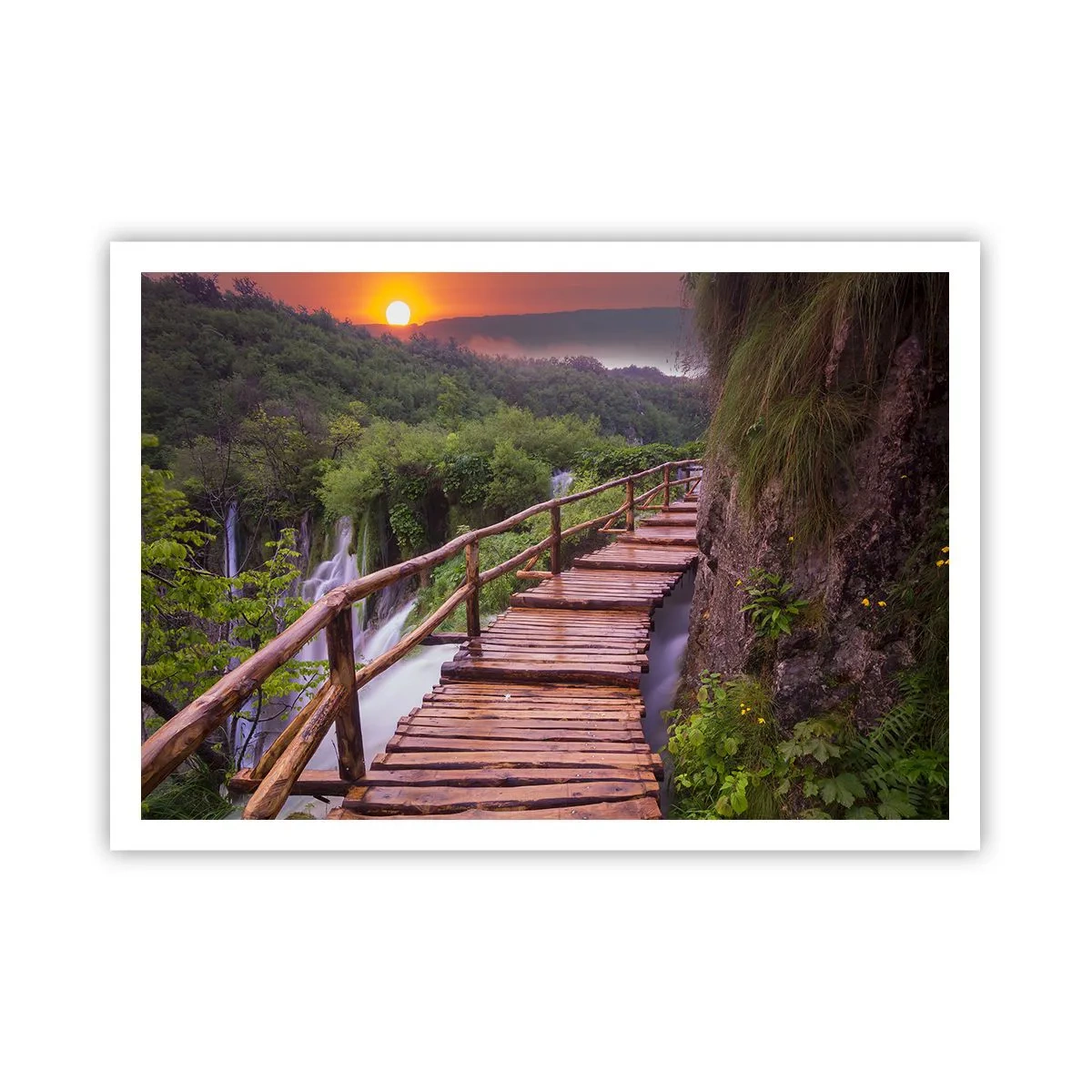 Poster - Eine Brücke mit Blick auf die Wasserfälle bei Sonnenuntergang - 100x70cm - Schönheit jenseits des Glaubens - Moderne Wanddekoration für Wohnzimmer und Schlafzimmer ARTTOR