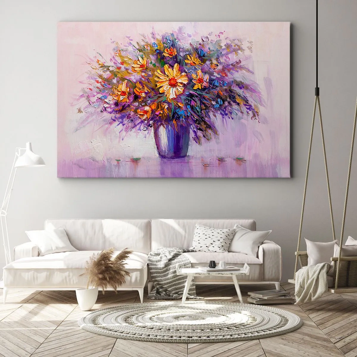 Bild auf Leinwand - Leinwandbild - Ein Blumenstrauß in einer Vase auf pastellfarbenem Hintergrund - 70x50cm - Es riecht süß, sieht süß aus - Moderne Wanddekoration für Wohnzimmer und Schlafzimmer ARTTOR
