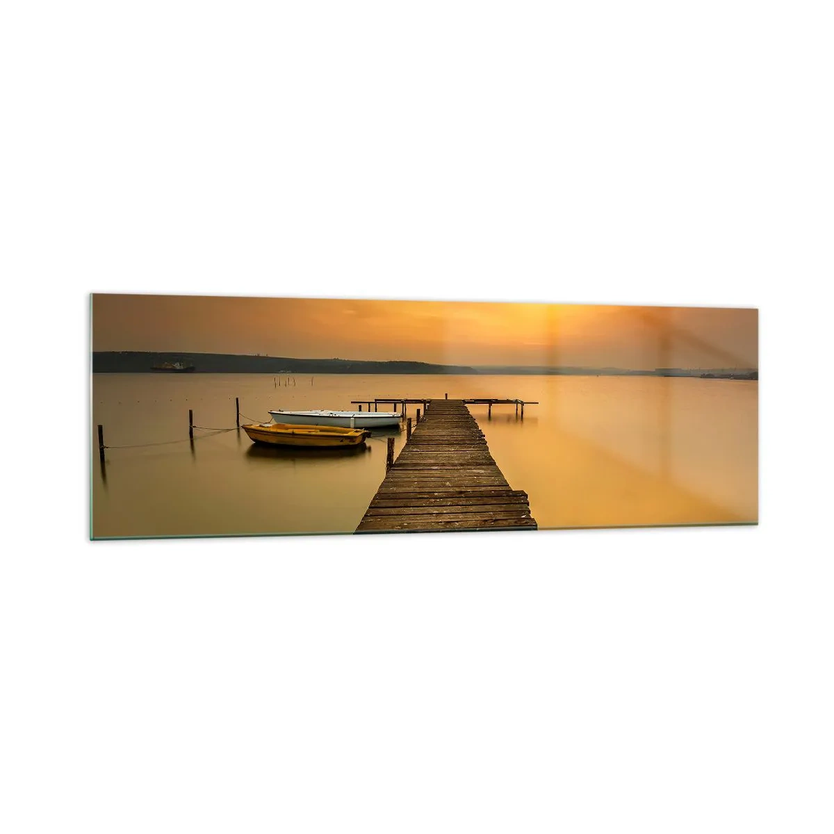 Glasbild - Bild auf glas - Holzsteg und Boote auf dem See bei Sonnenuntergang - 160x50cm - Ich werde dir den goldenen Himmel öffnen - Moderne Wanddekoration für Wohnzimmer und Schlafzimmer ARTTOR