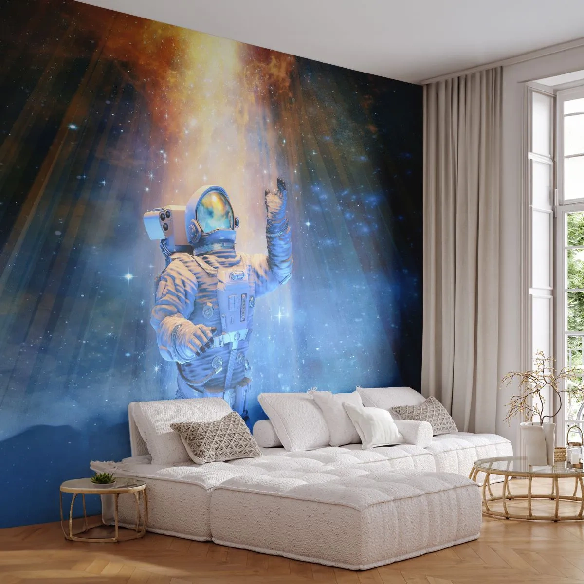 Fototapete Premium Sand - Ein Astronaut im Weltraum, umgeben von einer leuchtenden Aura - 100x70cm - Endlich am Ende - Moderne Wanddekoration für Wohnzimmer und Schlafzimmer ARTTOR