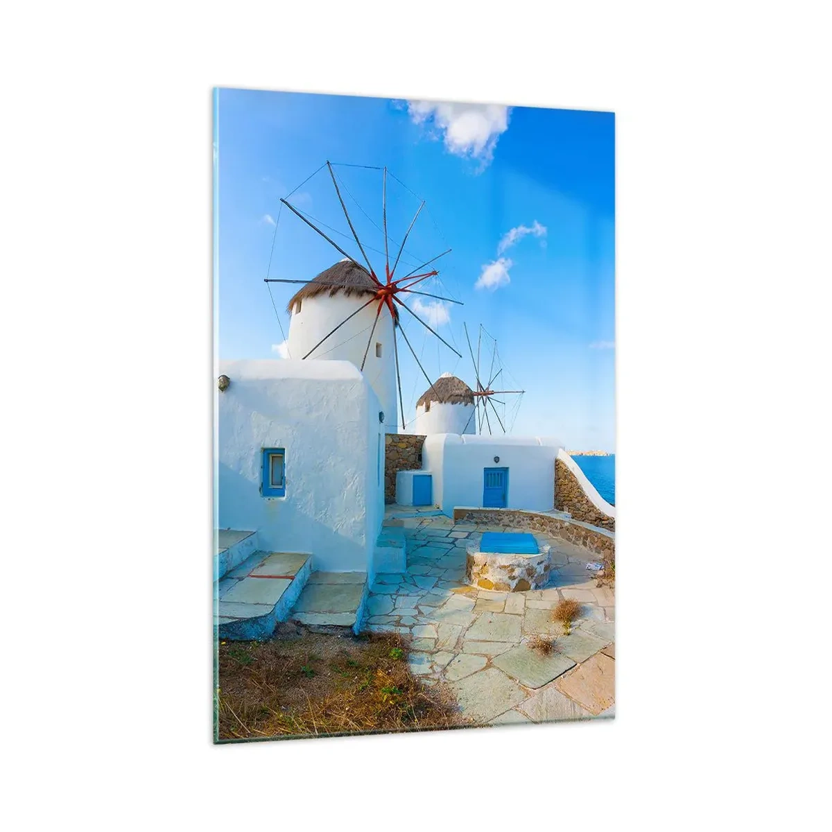Glasbild - Bild auf glas - Weiße Windmühlen an den Ufern des blauen Meeres - 80x120cm - Der blaue Wind vom Meer - Moderne Wanddekoration für Wohnzimmer und Schlafzimmer ARTTOR