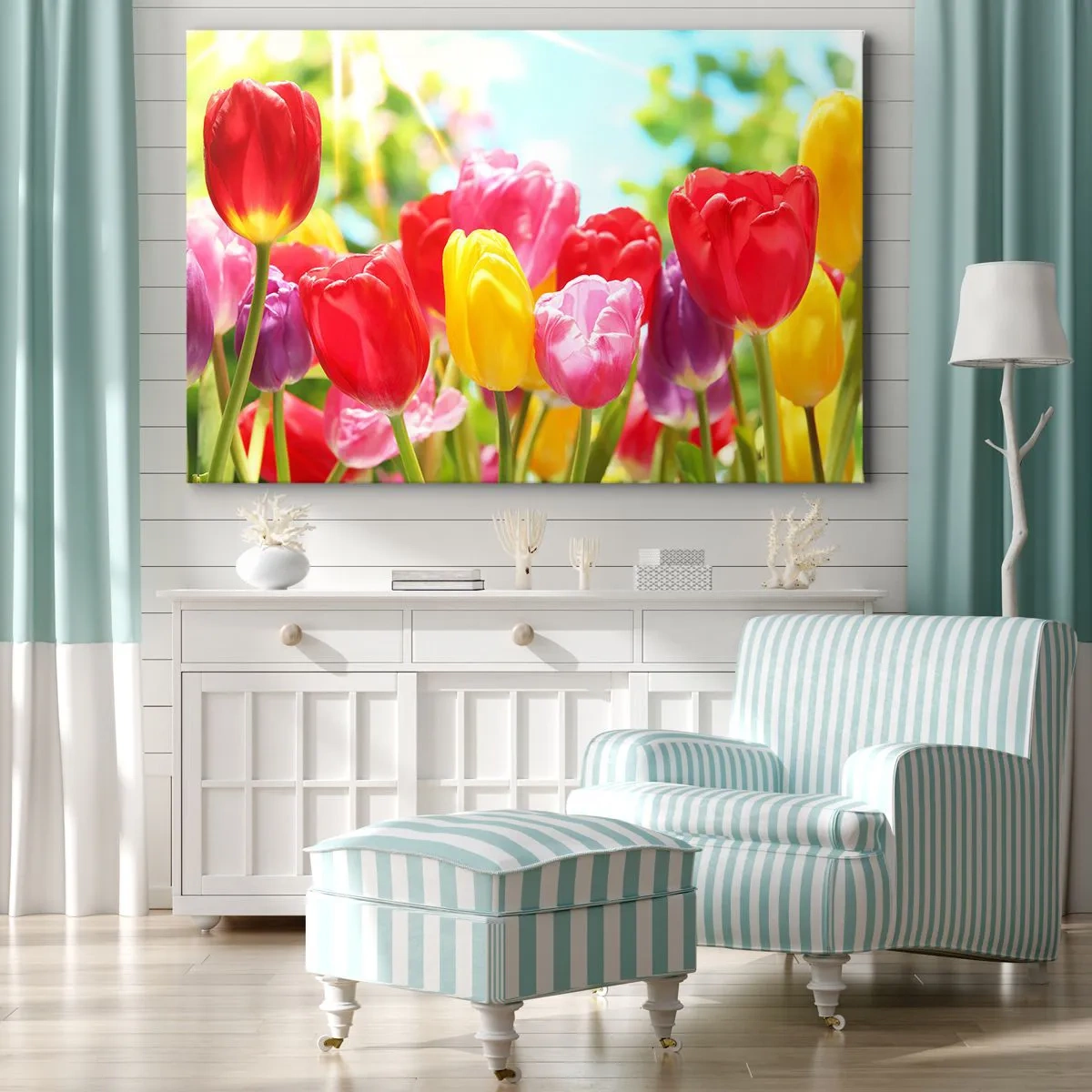 Bild auf Leinwand - Leinwandbild - Bunte Tulpen in voller Blüte vor einem Frühlingshintergrund - 100x70cm - Wir sind es, die Farben des Mais! - Moderne Wanddekoration für Wohnzimmer und Schlafzimmer ARTTOR