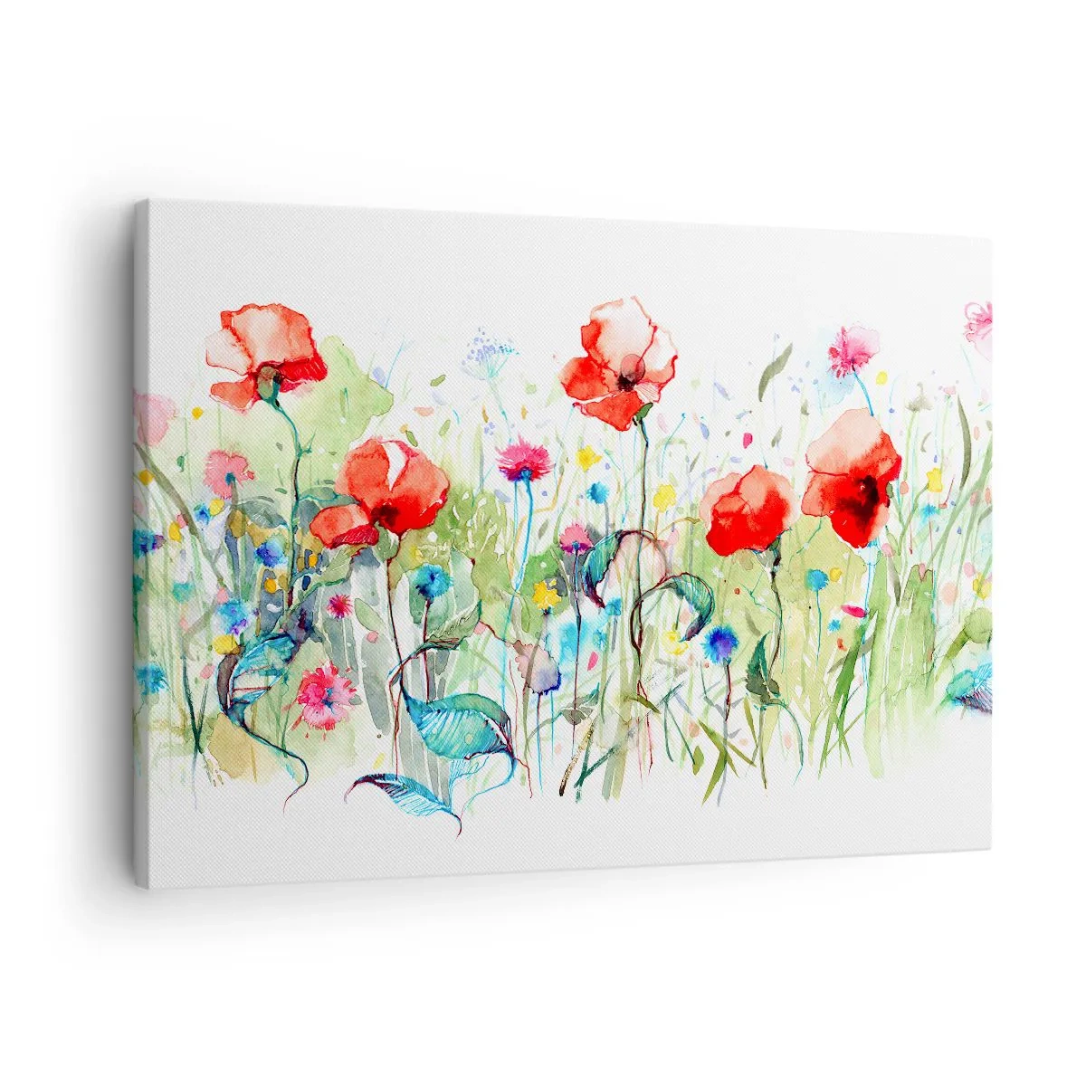Bild auf Leinwand - Leinwandbild - Eine Wiese mit roten Mohnblumen und bunten Blumen in Aquarell - 70x50cm - Blühende Maiwiese - Moderne Wanddekoration für Wohnzimmer und Schlafzimmer ARTTOR