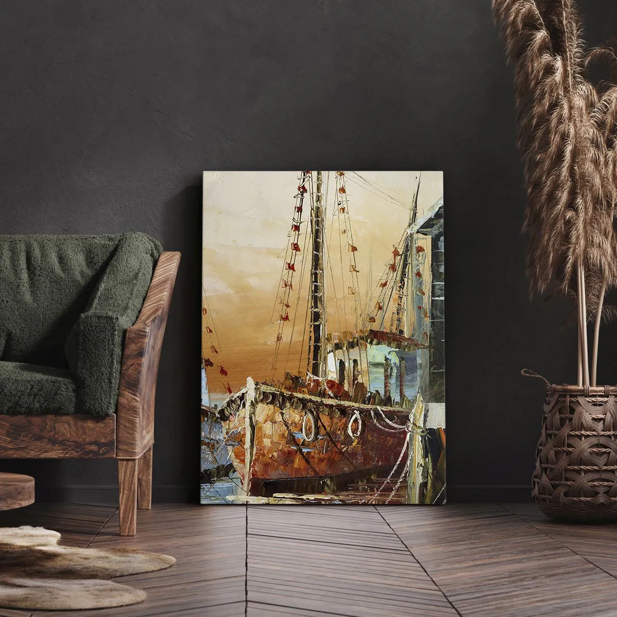 Bild auf Leinwand - Leinwandbild - Boote am Ufer im warmen Licht des Sonnenuntergangs - 50x70cm - Friedliche Rückkehr - Moderne Wanddekoration für Wohnzimmer und Schlafzimmer ARTTOR