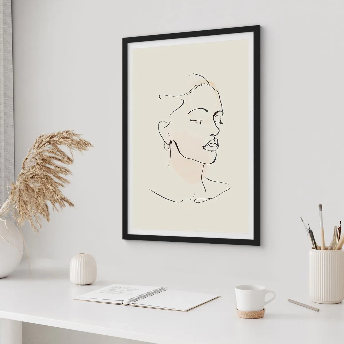 Poster in einem schwarzem Rahmen - Porträt einer Frau im minimalistischen Line-Art-Stil - 50x70cm - Eine bestimmte Linie - Moderne Wanddekoration für Wohnzimmer und Schlafzimmer ARTTOR