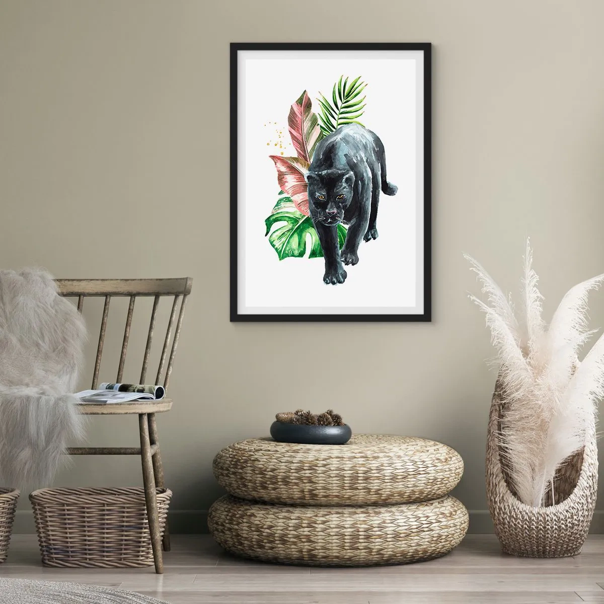 Poster in einem schwarzem Rahmen - Schwarzer Panther vor einem Hintergrund aus tropischen Blättern - 50x70cm - Wildheit des Herzens - Moderne Wanddekoration für Wohnzimmer und Schlafzimmer ARTTOR