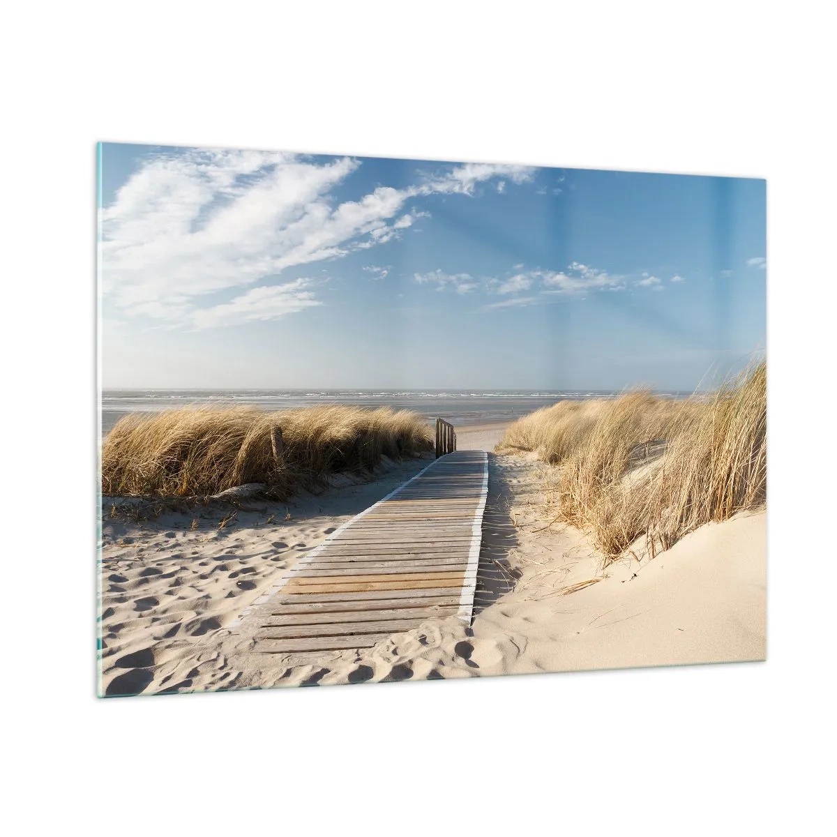 Glasbild - Bild auf glas - Holzweg durch die Dünen zum Strand - 100x70cm - Hinter der Düne, im Rauschen des Grases - Moderne Wanddekoration für Wohnzimmer und Schlafzimmer ARTTOR