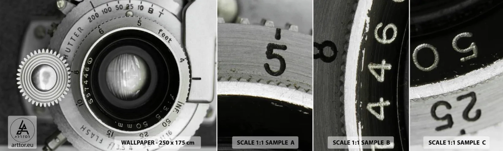 Fototapetenmuster Standard Eco - Eine Story über Hollywood - Kamera, Schwarz und weiß, Jahrgang - 100x30 cm