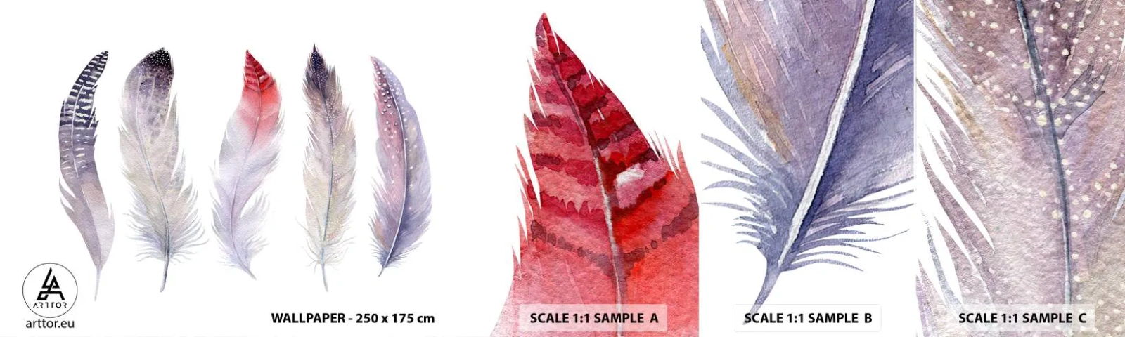 Fototapeten Muster Selbstklebend Deluxe Sticker - Zart wie mehrfarbiger Nebel - Vogelfeder, Boho, Grafik - 100x30 cm