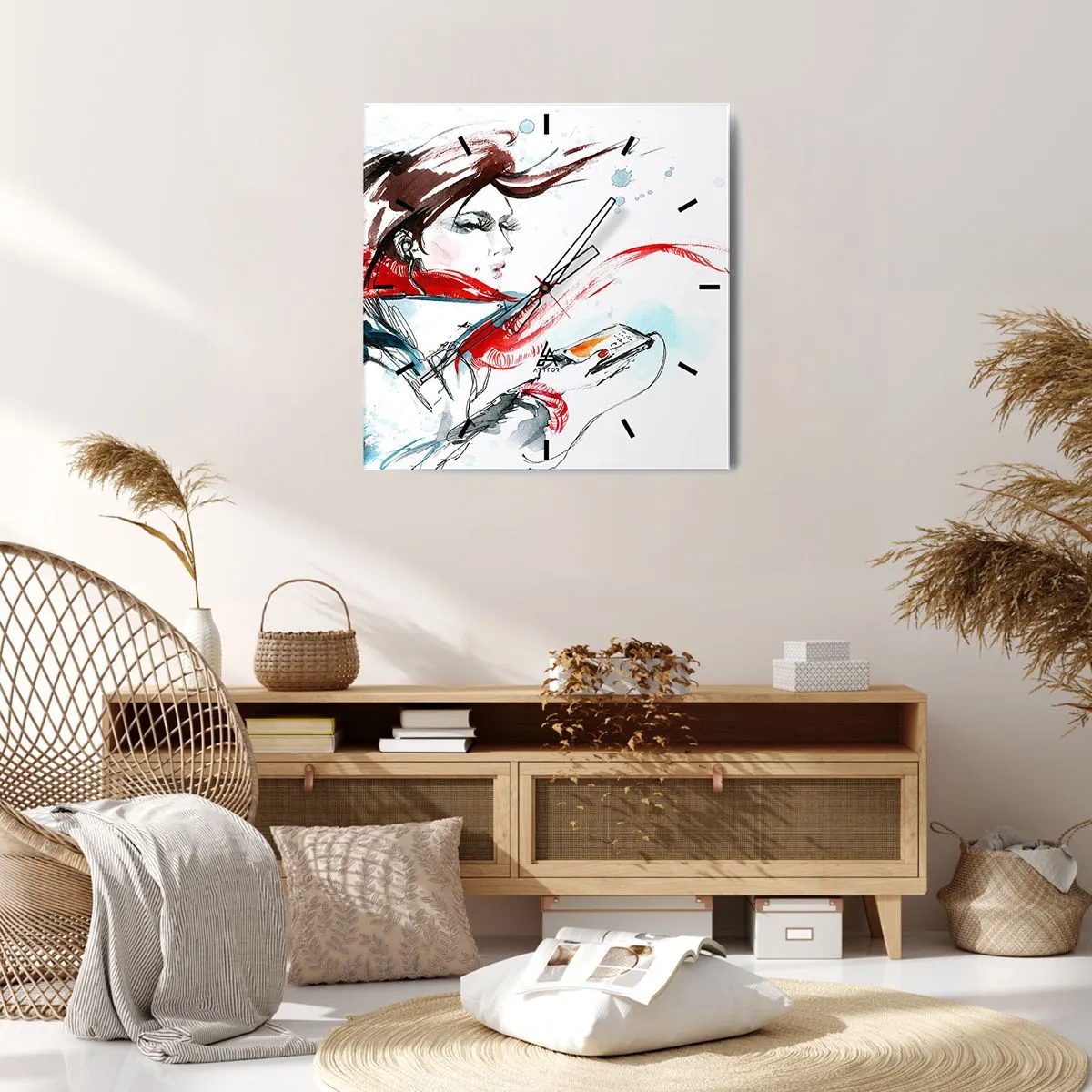 Wanduhr - Glasuhr - Eine Frau in einem roten Schal mit dynamischen Aquarellstrichen - 30x30cm - Mit mir stimmt was nicht - Moderne Wanddekoration für Wohnzimmer und Schlafzimmer ARTTOR