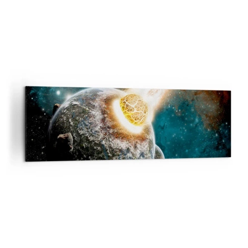Bild auf Leinwand - Leinwandbild - Kosmische Kollision eines Planeten mit einem Asteroiden in der Nähe der Galaxie. - 160x50cm - Holocaust oder Geburt? - Moderne Wanddekoration für Wohnzimmer und Schlafzimmer ARTTOR