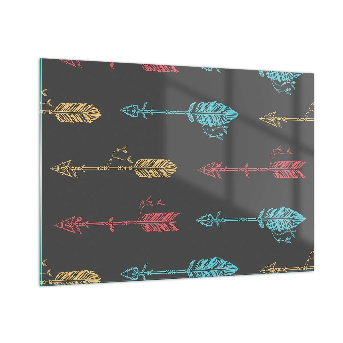 Glasbild - Bild auf glas - Bunte Pfeile auf dunklem Hintergrund in einem grafischen Layout - 100x70cm - In der Verordnung - Moderne Wanddekoration für Wohnzimmer und Schlafzimmer ARTTOR