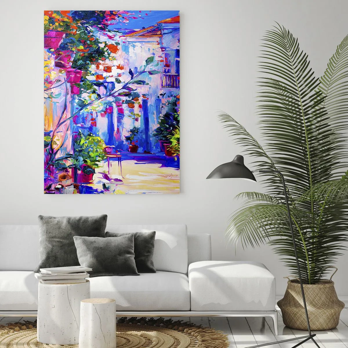 Glasbild - Bild auf glas - Eine bunte Straße voller Blumen - 80x120cm - Impresja - eine italienische Straße - Moderne Wanddekoration für Wohnzimmer und Schlafzimmer ARTTOR