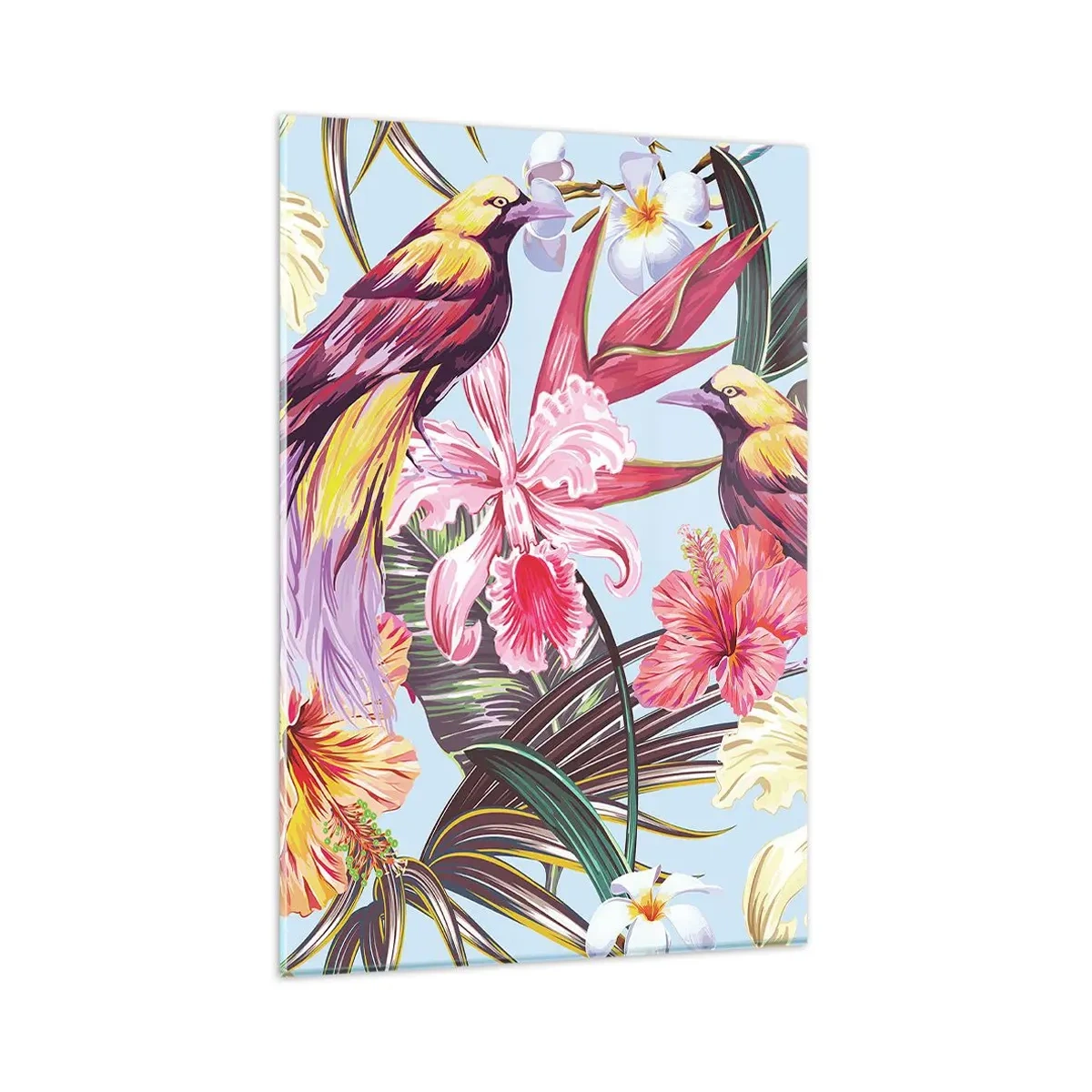 Glasbild - Bild auf glas - Exotische Vögel zwischen tropischen Blumen - 80x120cm - Blütenblätter und Federn - Moderne Wanddekoration für Wohnzimmer und Schlafzimmer ARTTOR