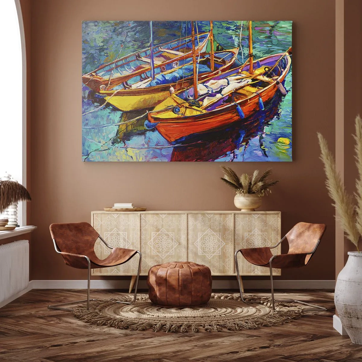 Bild auf Leinwand - Leinwandbild - Bunte Boote auf ruhigem Wasser - 120x80cm - Auf Wasser dick mit Farben - Moderne Wanddekoration für Wohnzimmer und Schlafzimmer ARTTOR