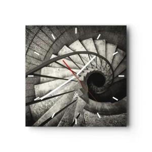 Wanduhr - Glasuhr - Schwarz-weiße Wendeltreppe im modernen Stil - 30x30cm - Treppe hoch, Treppe runter - Moderne Wanddekoration für Wohnzimmer und Schlafzimmer ARTTOR