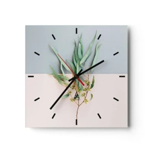 Wanduhr - Glasuhr - Ein Zweig mit Blättern auf einem Hintergrund in Pastelltönen - 30x30cm - Pastellige Subtilität - Moderne Wanddekoration für Wohnzimmer und Schlafzimmer ARTTOR