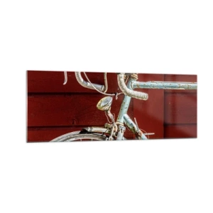 Glasbild - Bild auf glas - Ein Vintage-Fahrrad vor einer roten Holzwand - 140x50cm - Geschaffen um zu siegen - Moderne Wanddekoration für Wohnzimmer und Schlafzimmer ARTTOR