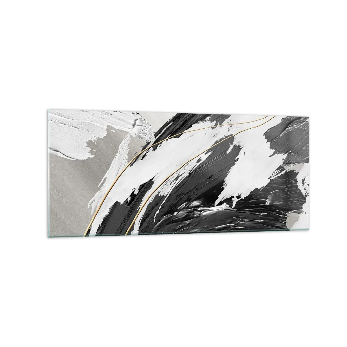 Glasbild - Bild auf glas - Schwarze und weiße Pinselstriche mit einem subtilen goldenen Akzent - 120x50cm - Abstraktion in großem Stil - Moderne Wanddekoration für Wohnzimmer und Schlafzimmer ARTTOR