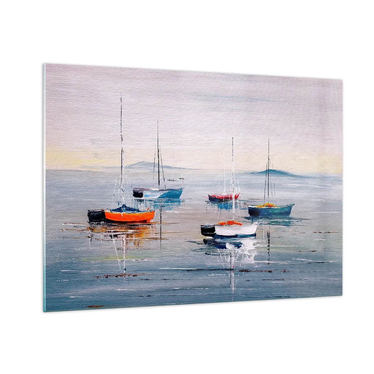 Glasbild - Bild auf glas - Bunte Boote treiben bei Sonnenuntergang auf dem ruhigen Wasser - 100x70cm - Wohlverdiente Ruhe - Moderne Wanddekoration für Wohnzimmer und Schlafzimmer ARTTOR