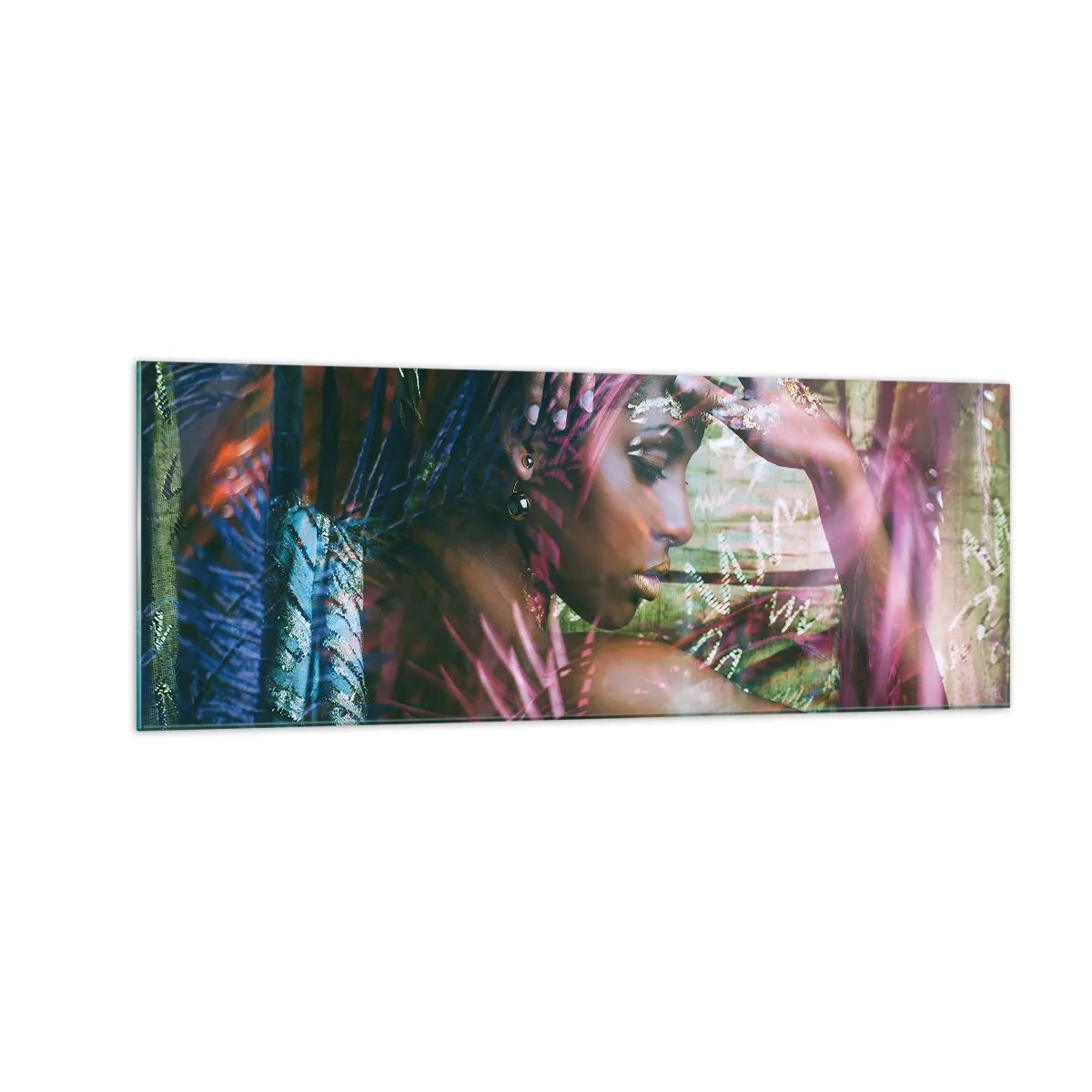 Glasbild - Bild auf glas - Porträt einer Frau, umgeben von exotischer Vegetation - 140x50cm - Mutter Natur im Dschungel - Moderne Wanddekoration für Wohnzimmer und Schlafzimmer ARTTOR