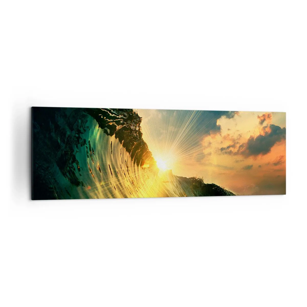 Bild auf Leinwand - Leinwandbild - Eine Welle mit untergehender Sonne und beleuchteten Wolken - 160x50cm - Surfer, wo bist du? - Moderne Wanddekoration für Wohnzimmer und Schlafzimmer ARTTOR