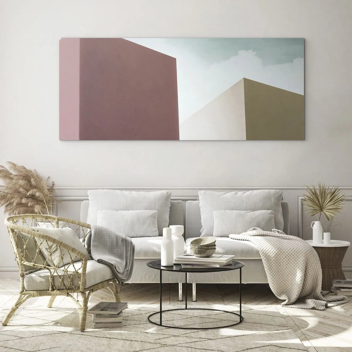 Glasbild - Bild auf glas - Minimalistische Architektur mit pastellfarbenen Blöcken und Himmel - 140x50cm - Geometrie des sonnigen Sommers - Moderne Wanddekoration für Wohnzimmer und Schlafzimmer ARTTOR