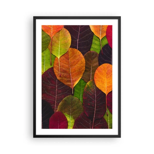Poster in einem schwarzem Rahmen - Bunte Blätter in Grün-, Orange- und Rottönen, angeordnet in einem Mosaikmuster - 50x70cm - Herbstmosaik - Moderne Wanddekoration für Wohnzimmer und Schlafzimmer ARTTOR