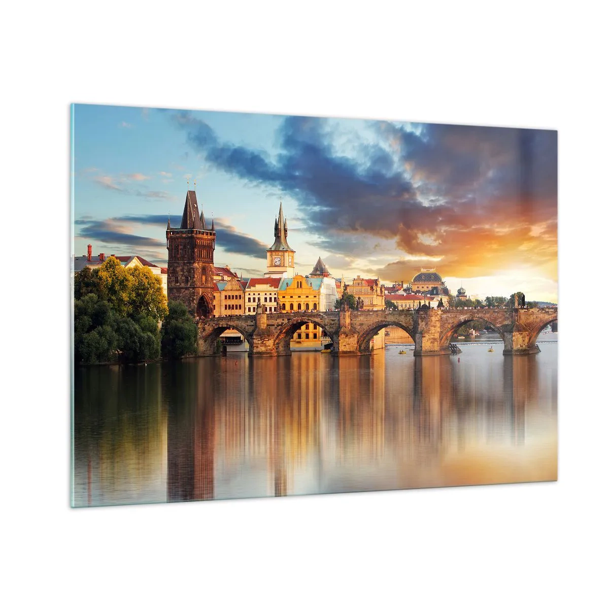 Glasbild - Bild auf glas - Karlsbrücke bei Sonnenuntergang mit malerischen Gebäuden im Hintergrund - 100x70cm - Schön seit Ewigkeiten - Moderne Wanddekoration für Wohnzimmer und Schlafzimmer ARTTOR