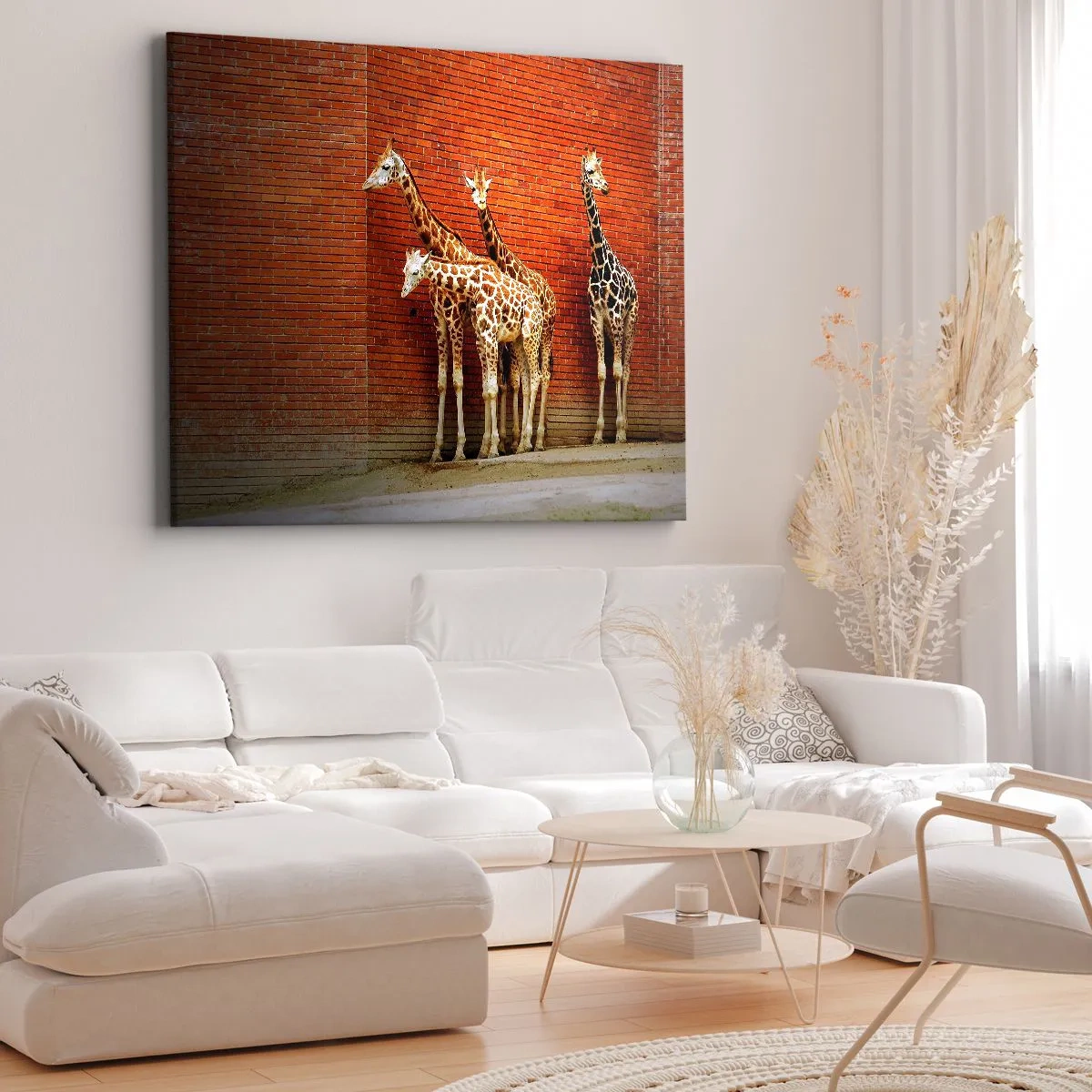 Bild auf Leinwand - Leinwandbild - Vier Giraffen vor einer Ziegelwand in künstlerischer Umgebung - 70x50cm - Sehen Sie Akazien? - Moderne Wanddekoration für Wohnzimmer und Schlafzimmer ARTTOR