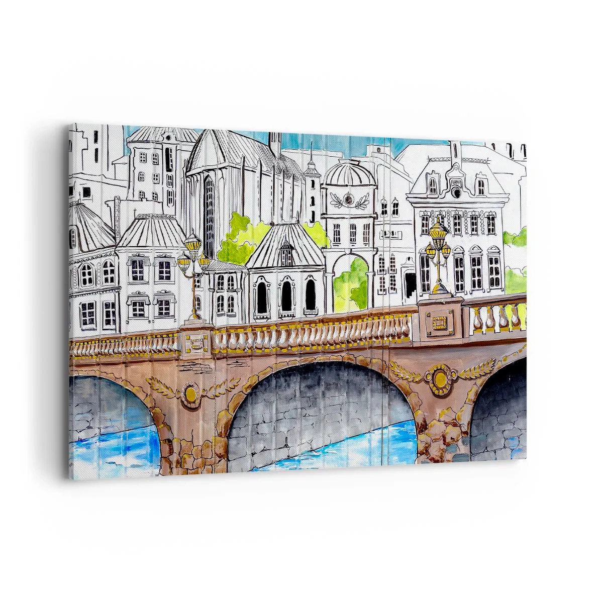 Bild auf Leinwand - Leinwandbild - Zeichnung der Brücke und historische Stadtarchitektur - 100x70cm - Die Stadt ist gemalt - Moderne Wanddekoration für Wohnzimmer und Schlafzimmer ARTTOR