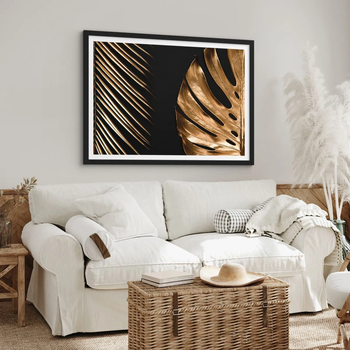 Poster in einem schwarzem Rahmen - Goldene Blätter auf schwarzem Hintergrund - 100x70cm - Anders und genauso teuer - Moderne Wanddekoration für Wohnzimmer und Schlafzimmer ARTTOR