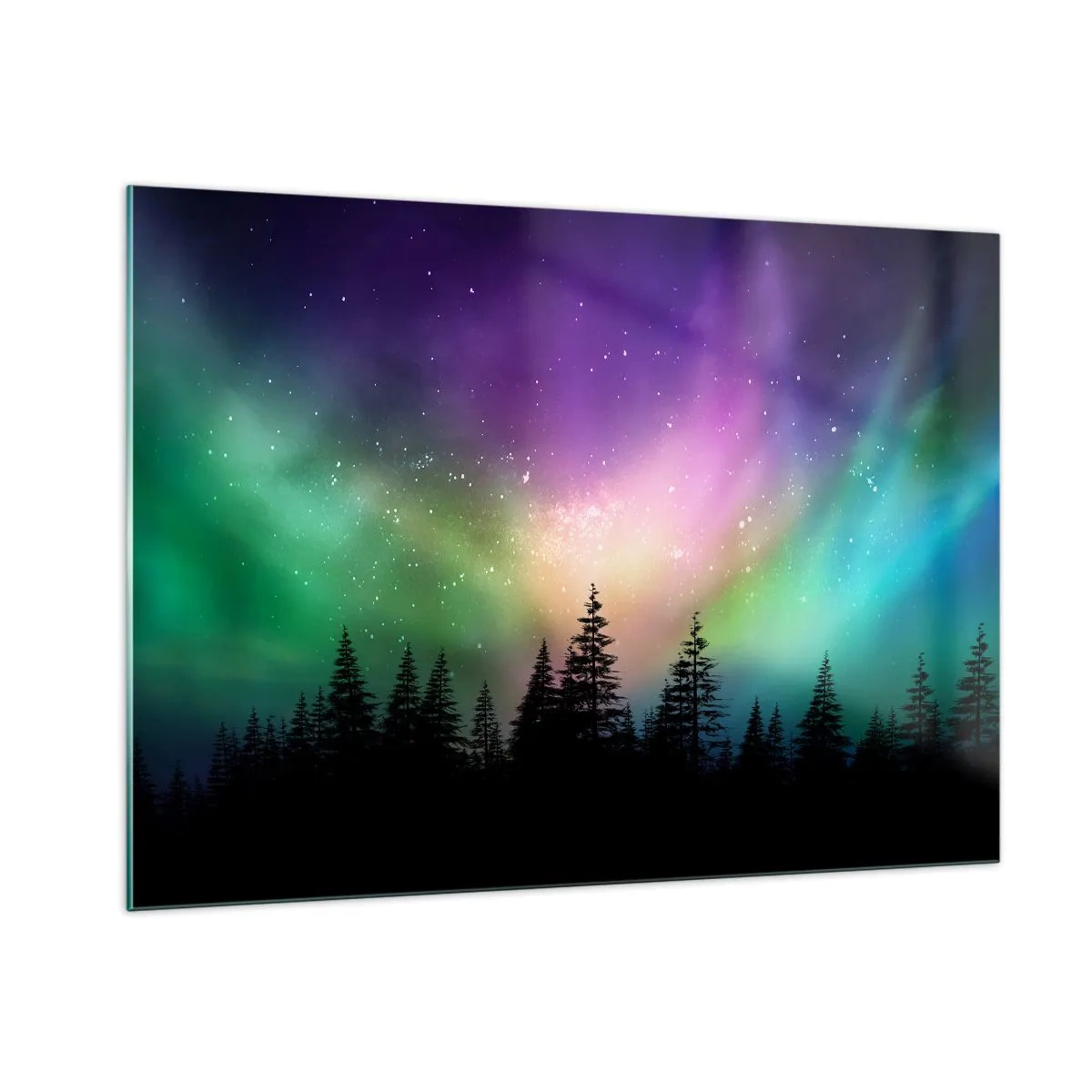 Glasbild - Bild auf glas - Wald bei Nacht unter den bunten Nordlichtern - 100x70cm - weiße Magie - Moderne Wanddekoration für Wohnzimmer und Schlafzimmer ARTTOR