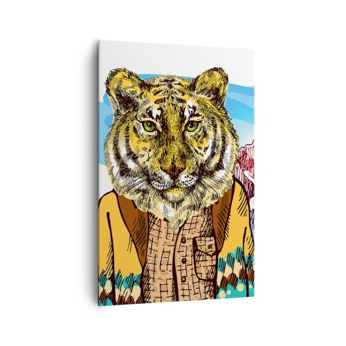 Bild auf Leinwand - Leinwandbild - Ein Tiger im Mantel vor einer Berglandschaft - 80x120cm - Nicht so wild, wie sie ihn zeichnen - Moderne Wanddekoration für Wohnzimmer und Schlafzimmer ARTTOR