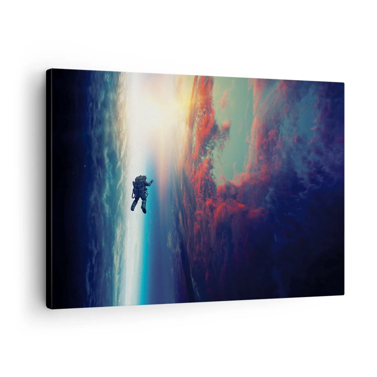 Bild auf Leinwand - Leinwandbild - Ein Astronaut schwebt im Weltraum über einer bunten Erde - 70x50cm - Sich dem Universum stellen - Moderne Wanddekoration für Wohnzimmer und Schlafzimmer ARTTOR