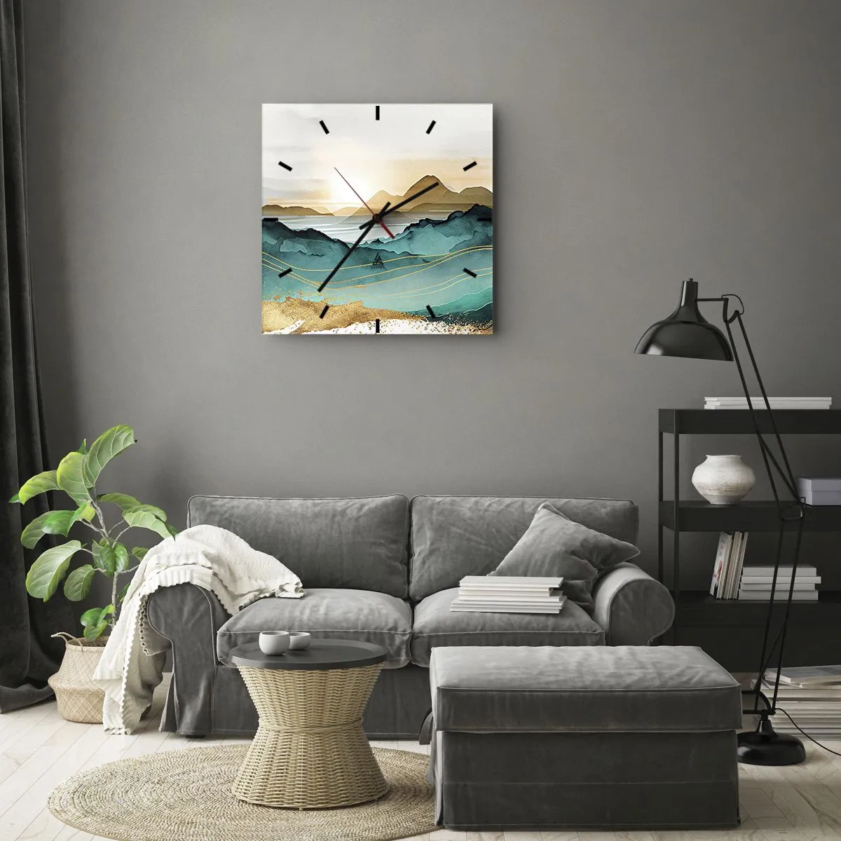 Wanduhr - Glasuhr - Abstrakte Landschaft mit Bergen und goldenen Akzenten - 30x30cm - Am Rande der Abstraktion – Landschaft - Moderne Wanddekoration für Wohnzimmer und Schlafzimmer ARTTOR