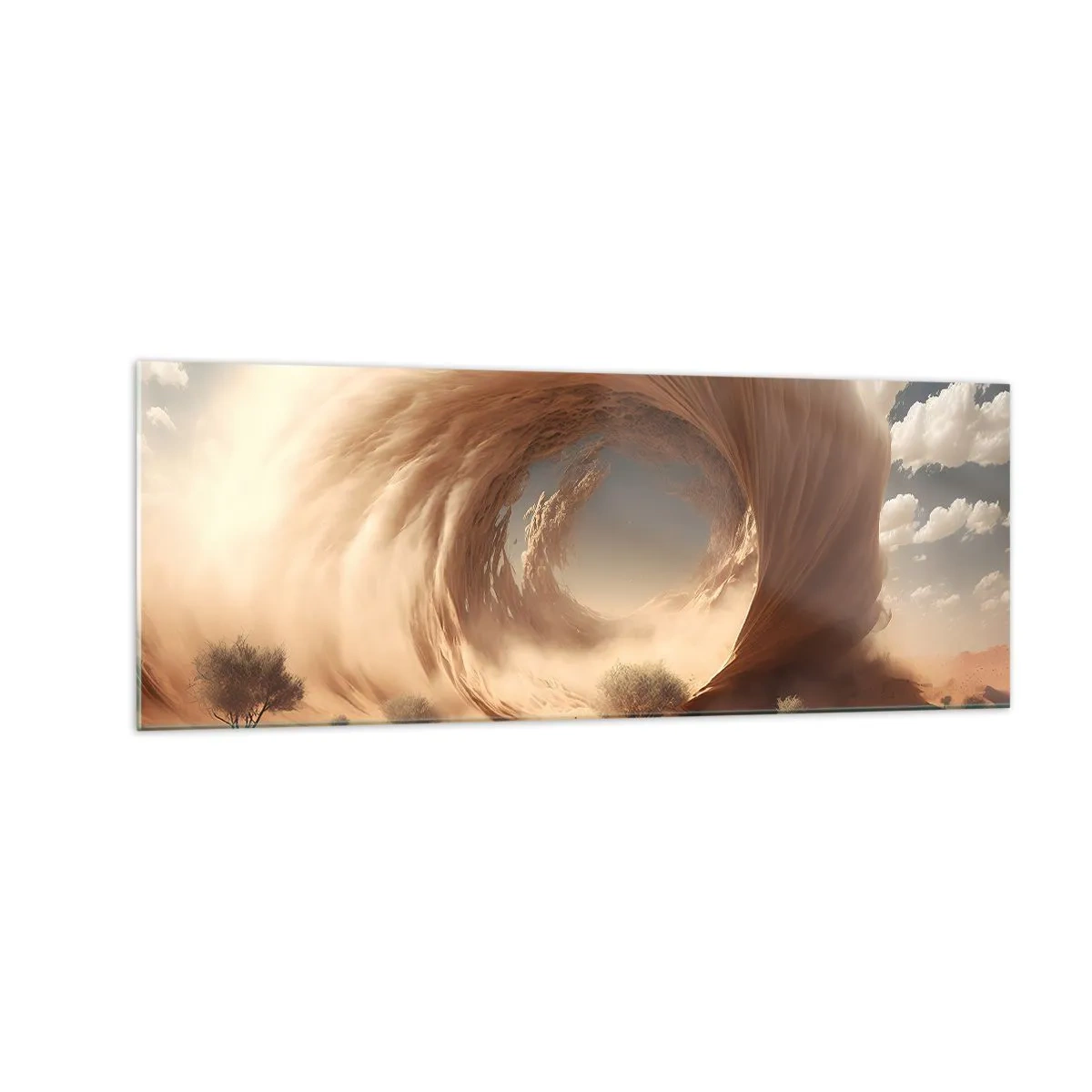 Glasbild - Bild auf glas - Dynamischer Sandwirbel in einer Wüste mit Bäumen - 140x50cm - Geöffnetes Portal - Moderne Wanddekoration für Wohnzimmer und Schlafzimmer ARTTOR