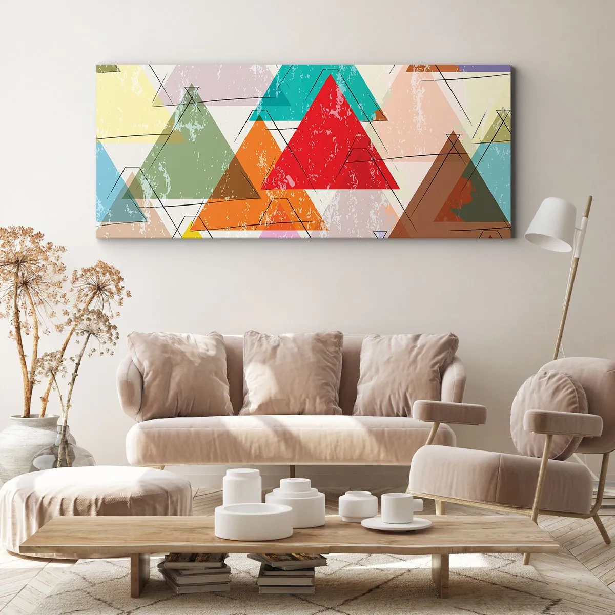 Bild auf Leinwand - Leinwandbild - Bunte Abstraktion mit geometrischen Dreiecken - 160x50cm - Drei mal drei - Moderne Wanddekoration für Wohnzimmer und Schlafzimmer ARTTOR