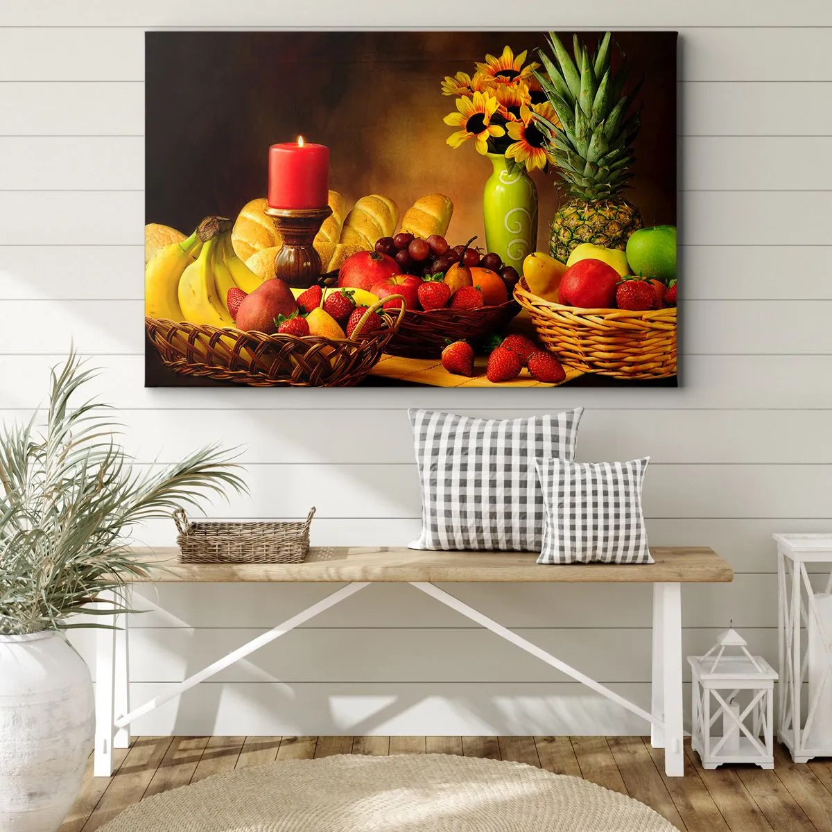 Bild auf Leinwand - Leinwandbild - Stillleben mit Früchten, Brot, Kerze und Blumen - 70x50cm - Stillleben mit Brot und Obst - Moderne Wanddekoration für Wohnzimmer und Schlafzimmer ARTTOR