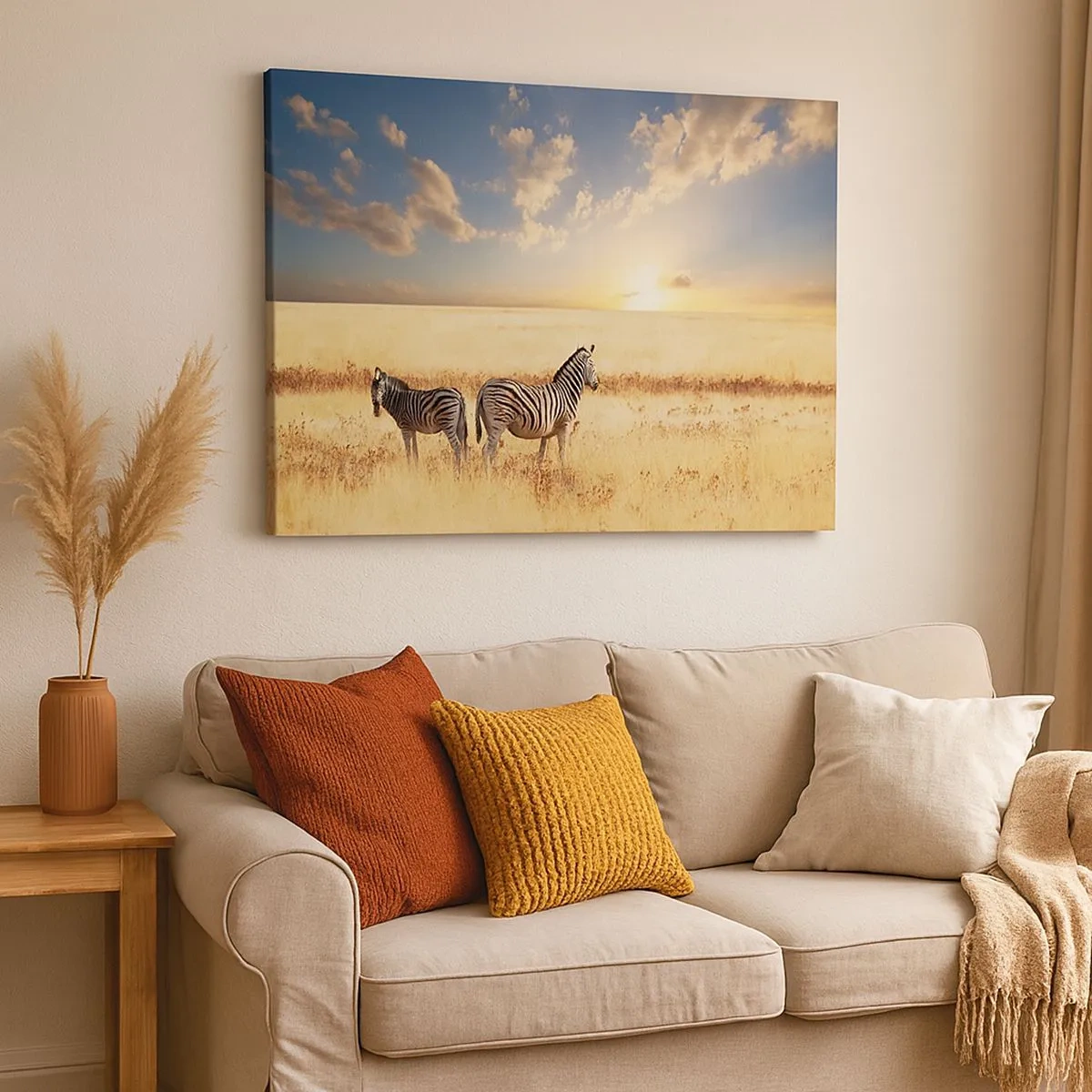 Bild auf Leinwand - Leinwandbild - Zwei Zebras in der Savanne in den Strahlen der untergehenden Sonne - 70x50cm - Geh weg, sei nicht in Frieden - Moderne Wanddekoration für Wohnzimmer und Schlafzimmer ARTTOR