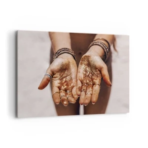 Bild auf Leinwand - Leinwandbild - Nahaufnahme von Händen mit Glitzer in warmen Farbtönen - 120x80cm - Ein Geschenk für dich - Moderne Wanddekoration für Wohnzimmer und Schlafzimmer ARTTOR
