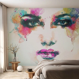 Fototapete Premium Canvas - Ein mit einem Regenbogen gemaltes Porträt - Abstraktion, Das Gesicht einer Frau, Stück - 400x280 cm