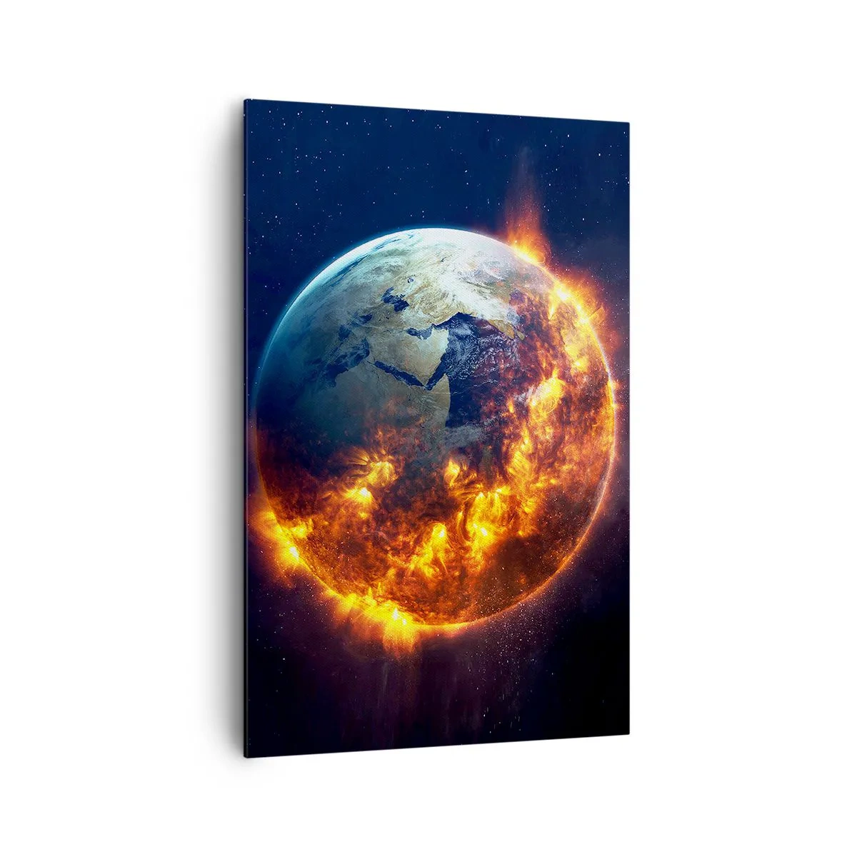 Bild auf Leinwand - Leinwandbild - Der Planet Erde brennt im Weltraum - 80x120cm - Die Flamme der Apokalypse - Moderne Wanddekoration für Wohnzimmer und Schlafzimmer ARTTOR