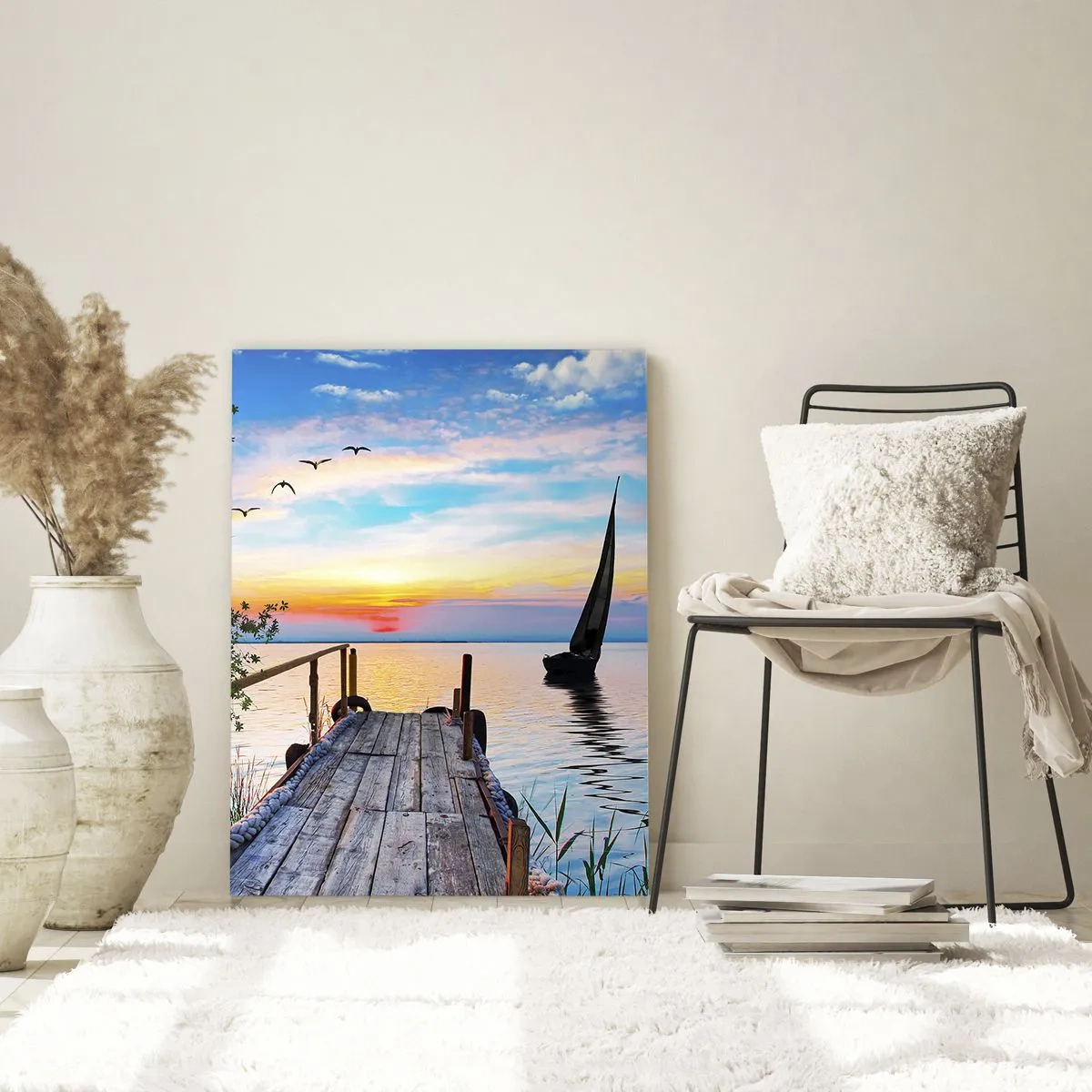 Glasbild - Bild auf glas - Seepier mit Boot und Sonnenuntergang - 70x100cm - Guten Abend - Moderne Wanddekoration für Wohnzimmer und Schlafzimmer ARTTOR