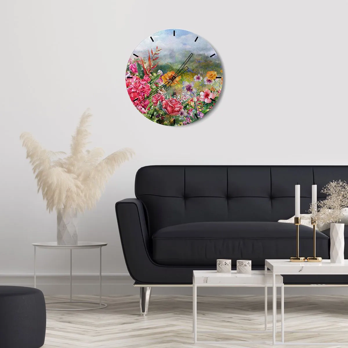 Wanduhr - Glasuhr - Ein farbenfroher Garten voller Blumen vor dem Hintergrund einer Landschaft - 30x30cm - Ein Garten, der verrückt geworden ist - Moderne Wanddekoration für Wohnzimmer, Küche und Schlafzimmer ARTTOR