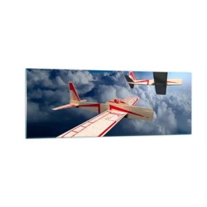 Glasbild - Bild auf glas - Zwei Holzflugzeuge schweben über den Wolken vor einem blauen Himmel. - 140x50cm - Noch höher, noch weiter - Moderne Wanddekoration für Wohnzimmer und Schlafzimmer ARTTOR