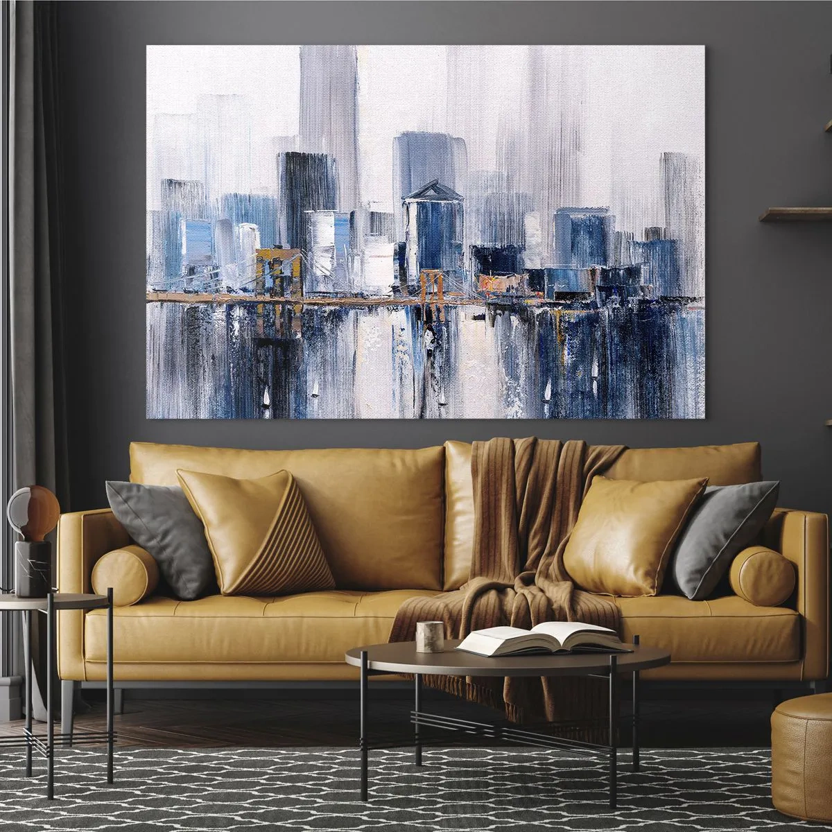 Glasbild - Bild auf glas - Abstraktes Stadtpanorama mit Wolkenkratzern und einer Brücke in kühlen Farben - 70x50cm - New Yorker Eindruck - Moderne Wanddekoration für Wohnzimmer und Schlafzimmer ARTTOR